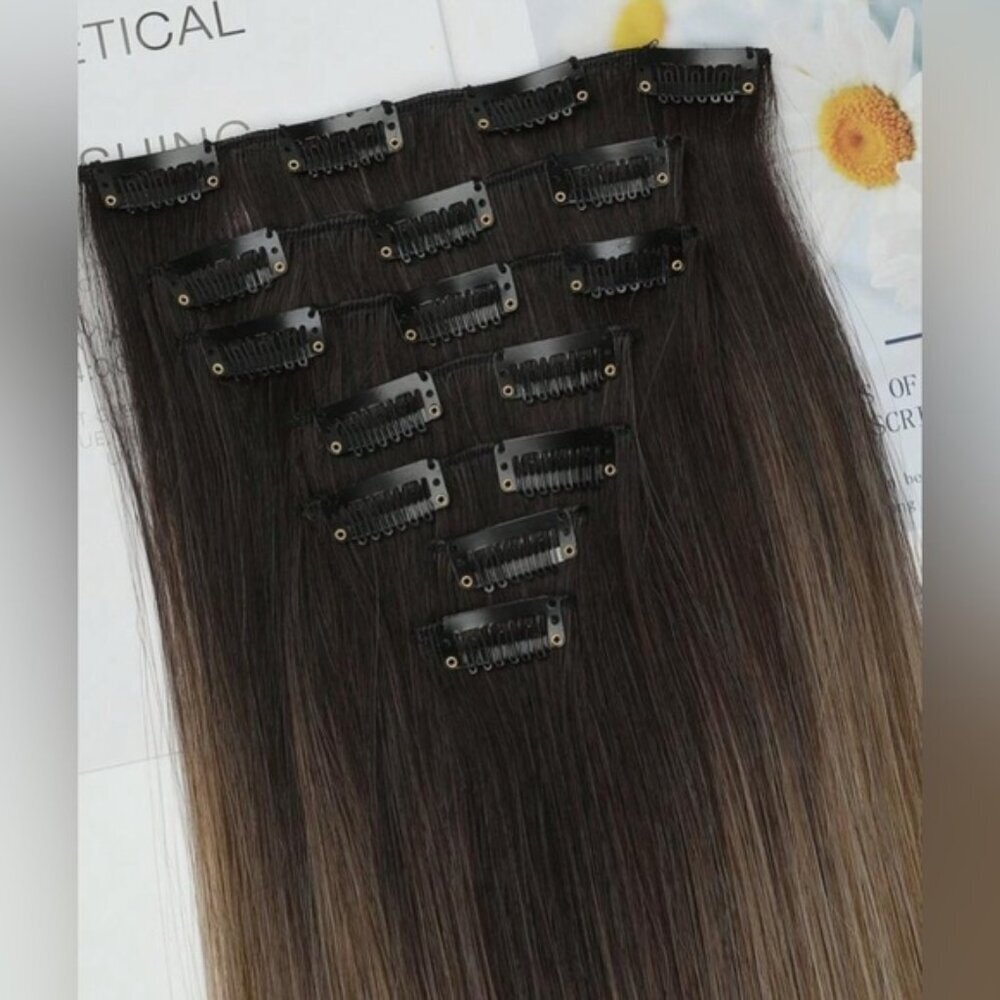 24 Inch Ombre Clip in Hair Extensions Brown to Light Blonde in Straight - Picture 2 of 5